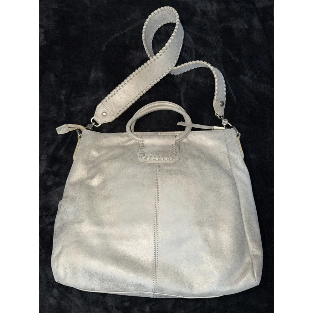 Hobo Int'l Sheila Buffed Gray silver Leather Large Shoulder Crossbody Bag Purse